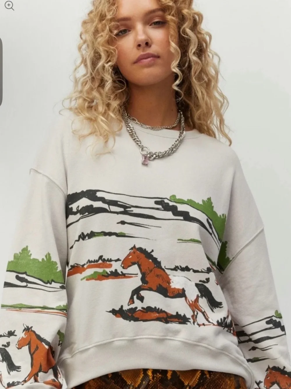Free People DayDreamer Horse Beige Crewneck Sweater XL  Graphic